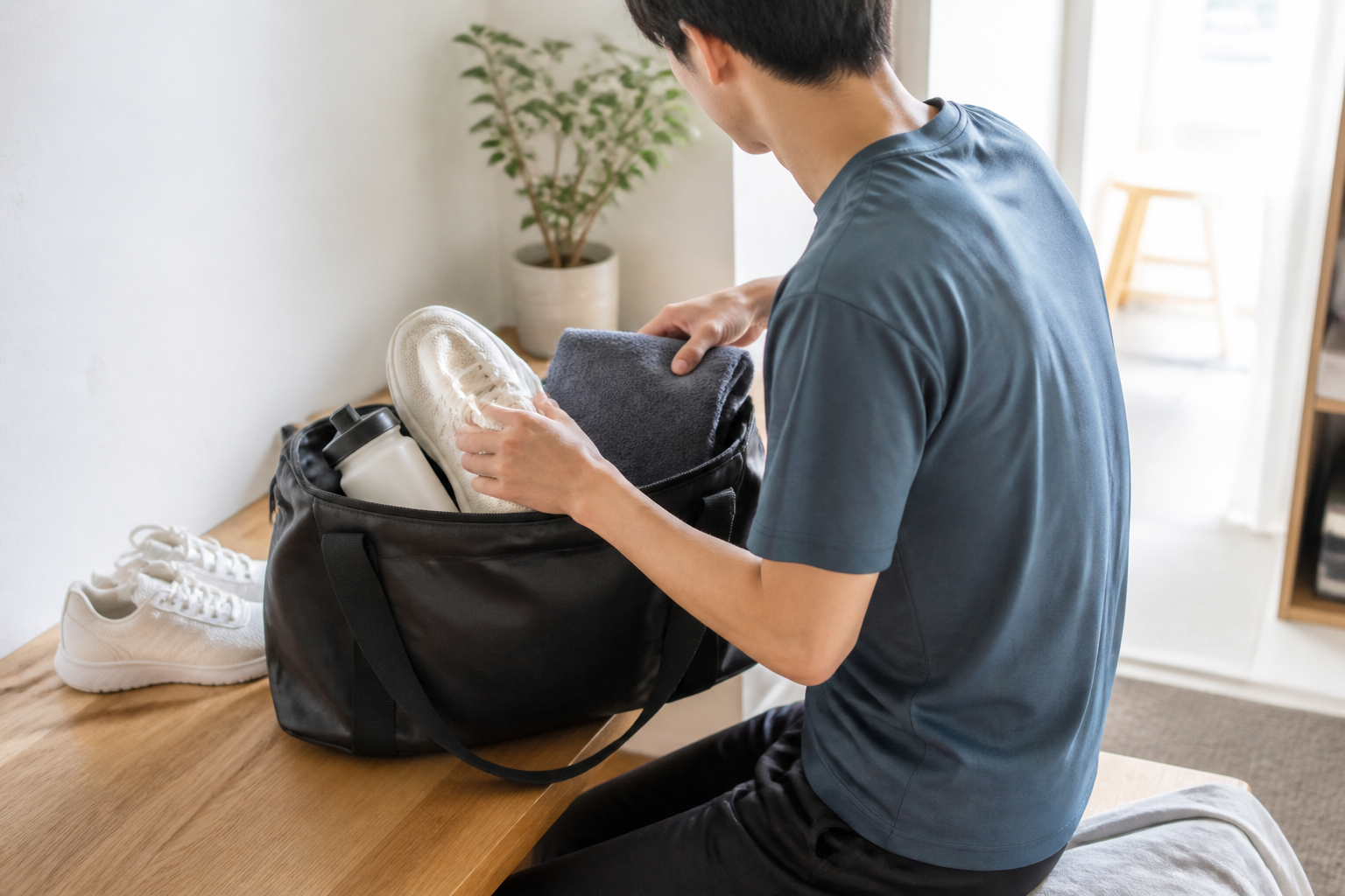 大学生が運動用シューズとタオルを準備してジム通いを考えるイメージ