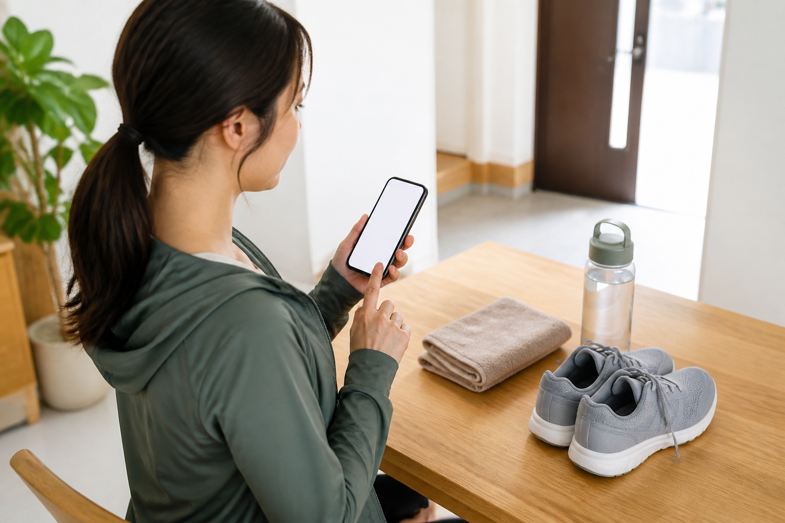 ジム見学の準備として、運動用シューズとタオルをそろえ、スマートフォンで予定を確認する人のイメージ