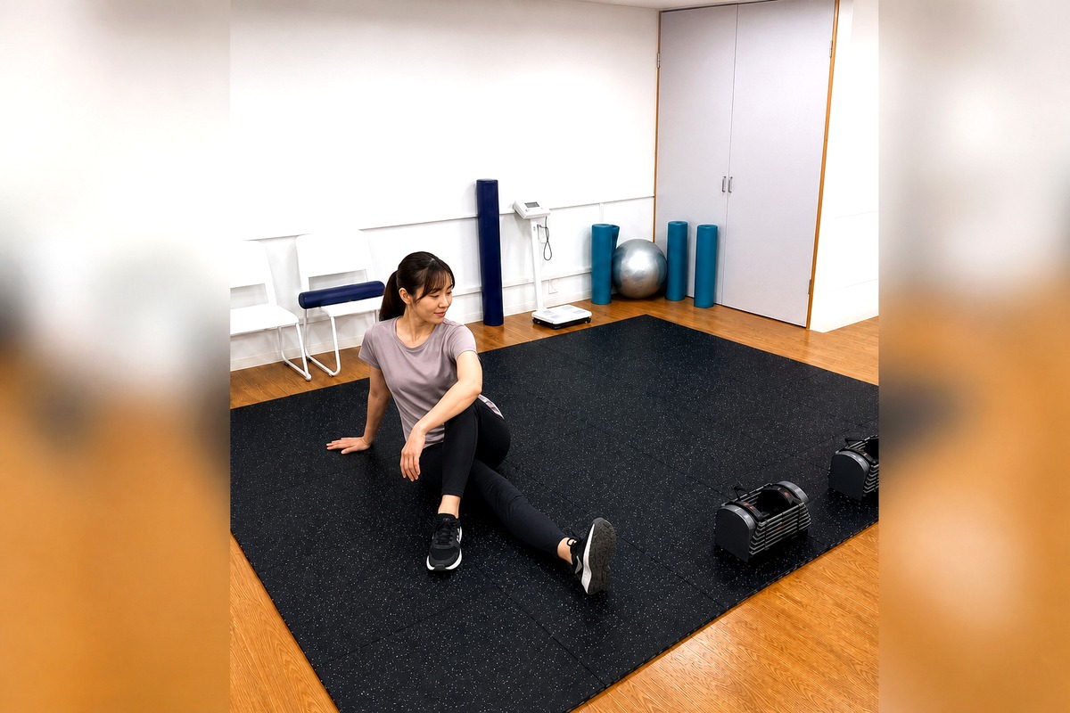 黒いマットが敷かれたストレッチエリアで女性がストレッチをしている様子